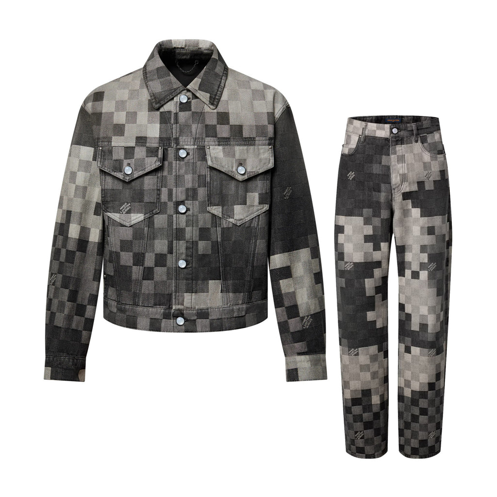 Louis Vuitton Men's Fall And Winter Black And White Plaid Old Print Single Breasted Long Sleeved Denim Jacket Straight Jeans Pants Suit Set #75477