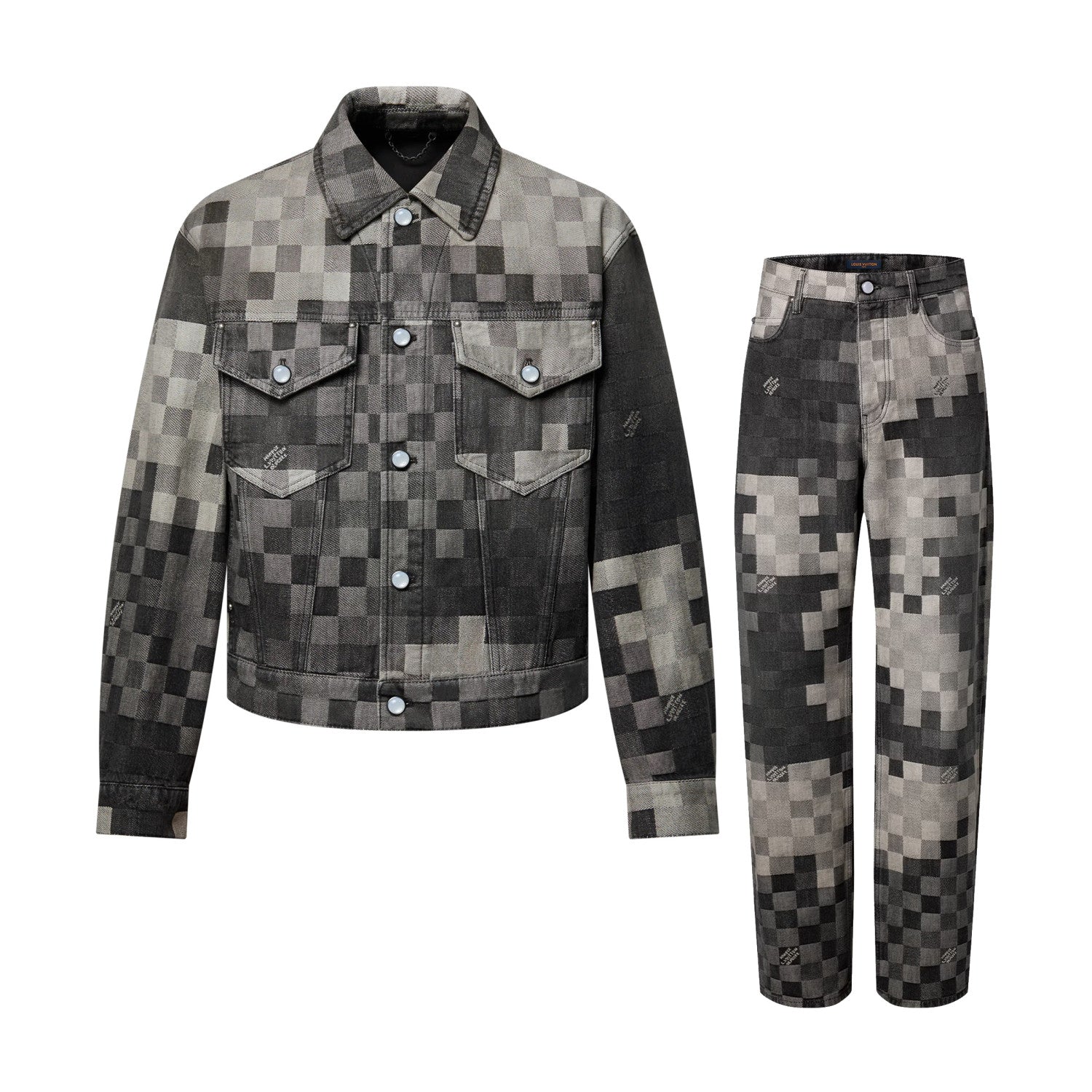 Louis Vuitton Men's Fall And Winter Black And White Plaid Old Print Single Breasted Long Sleeved Denim Jacket Straight Jeans Pants Suit Set #75477