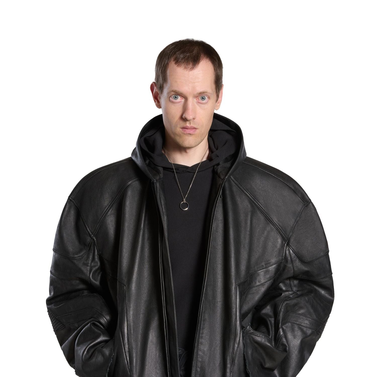 Balenciaga Men's Women's Autumn And Winter High Street Solid Color Cowhide Zipper Long Sleeve Loose BIKER Hooded Jacket Ngvp #8578