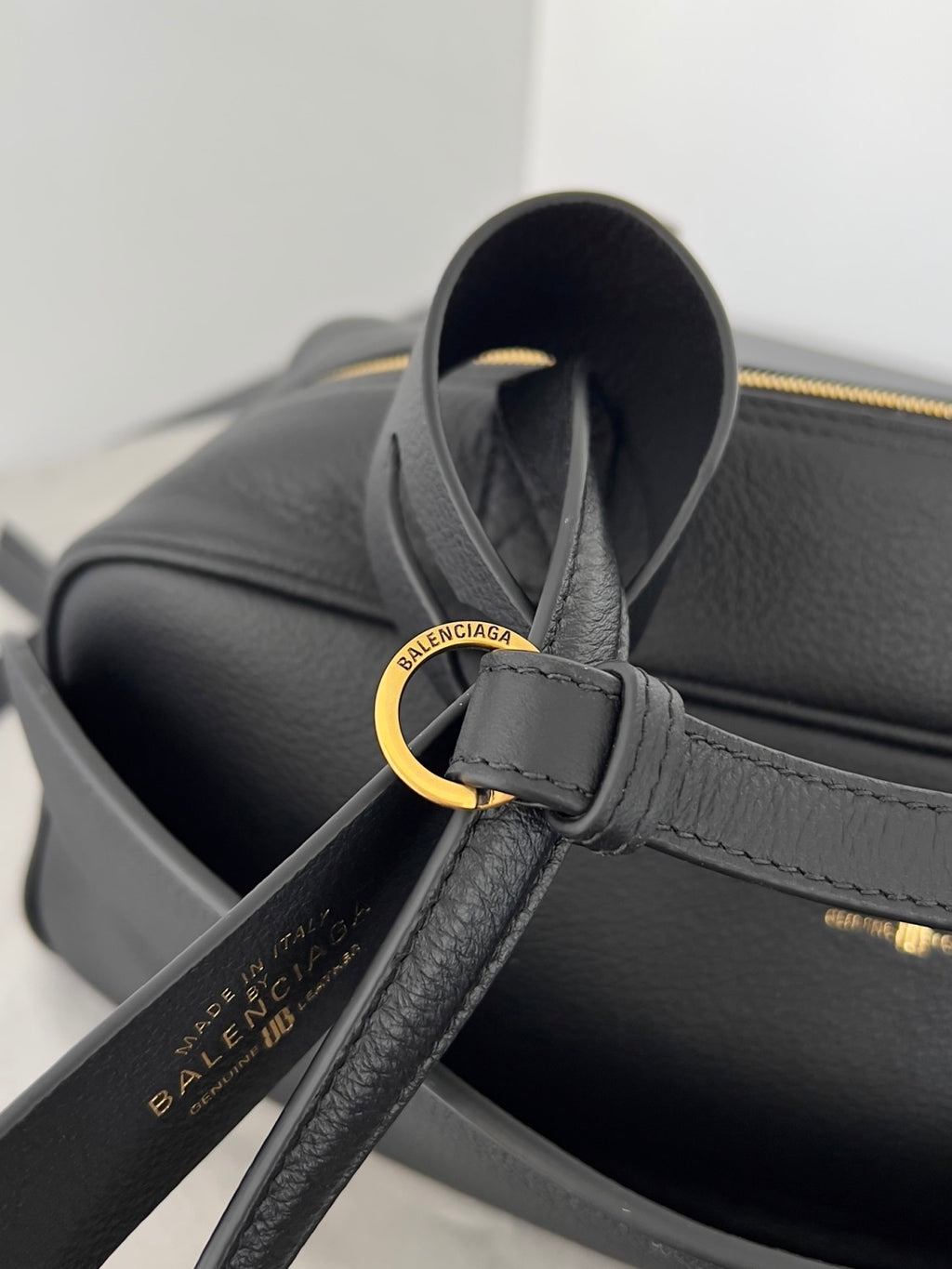 Balenciaga Men's Carrie Black Cowhide Small Bowling Bag with Aged Gold Metallic Accessories Handbag Bags #76257