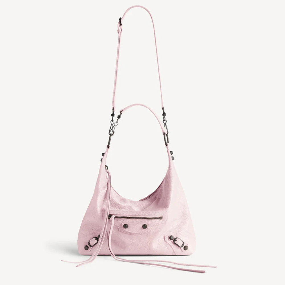 Balenciaga Women's Le City Hobo Bag Small Light Pink Fashionable New Retro Studded Motorcycle Bags #82614A
