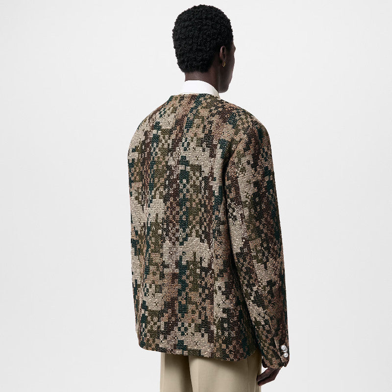 Louis Vuitton Men's Spring And Fall Fashion Mini Checkerboard Plaid Round Neck Jacket Pearl Buttons Casual Jacket Ngvp #7854