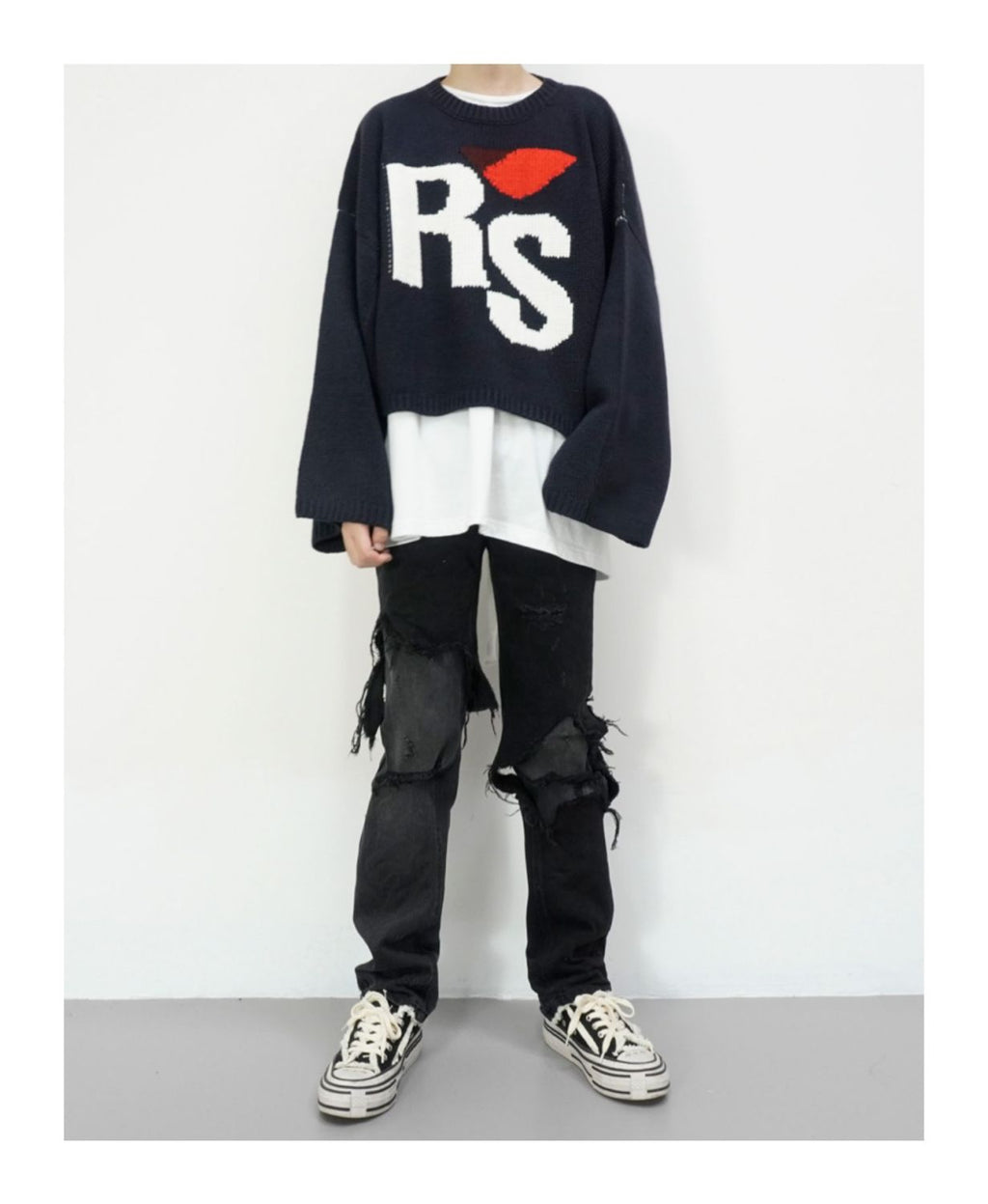 Raf Simons Men's Fall And Winter Black White Rs Jacquard Round Neck Long Sleeve Knitted Sweater High Street Trend Casual Pullover Warm Tops Ngvp #2463