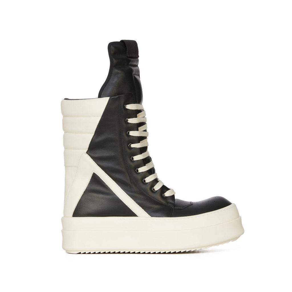 Rick Owens Men's And Women's Black And White Inverted Triangle High Top Lace Up Cowhide Shoes #77917