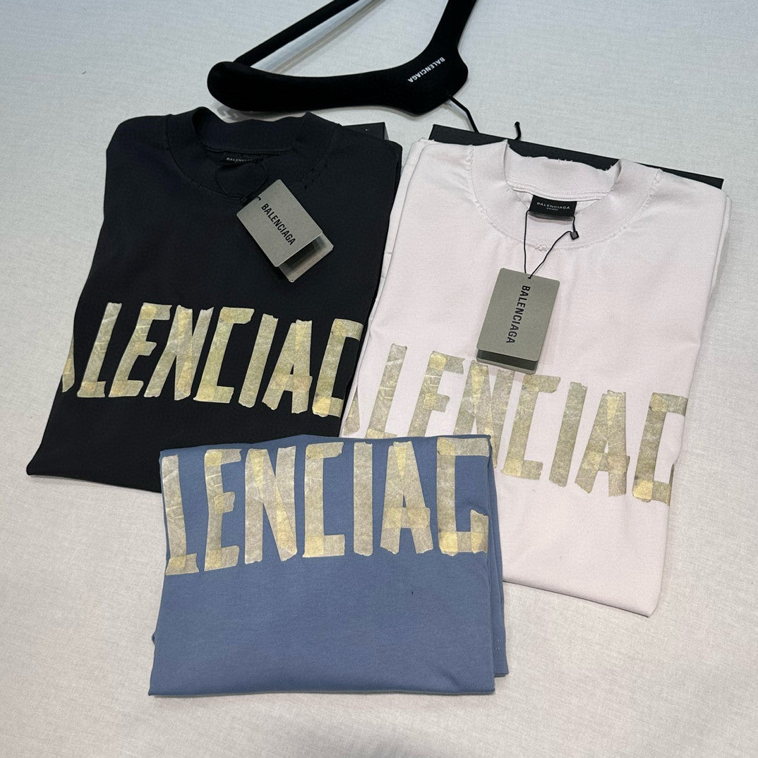 Balenciaga Men's and Women's Tape Type T-Shirt Medium Fit In Faded Letter Print Round Neck Loose Fit Short Sleeve T-Shirt #98566