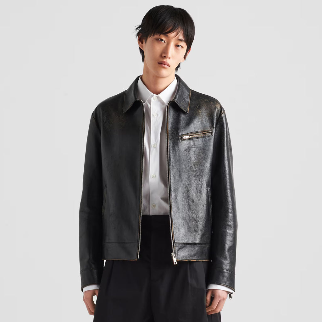 Prada Men's Autumn and Winter Solid Color Fit Lapel Zipper Long Sleeve Leather Jacket #73774