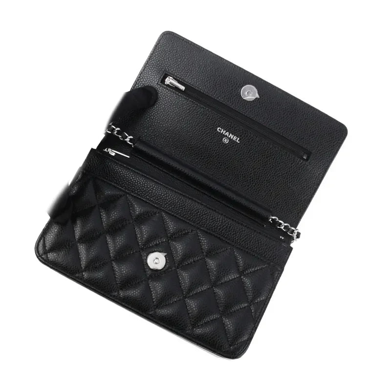 CHANEL Classic CC Logo Silver Buckle Lychee Leather Black #332724
