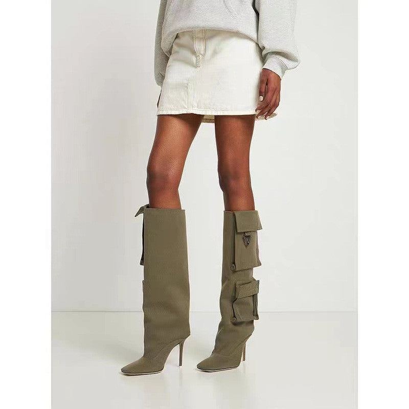 The Attico Women's Denim Pocket Boots Fall/Winter Solid-Color High-Heel Knee-High Boots Casual Shoes #81719