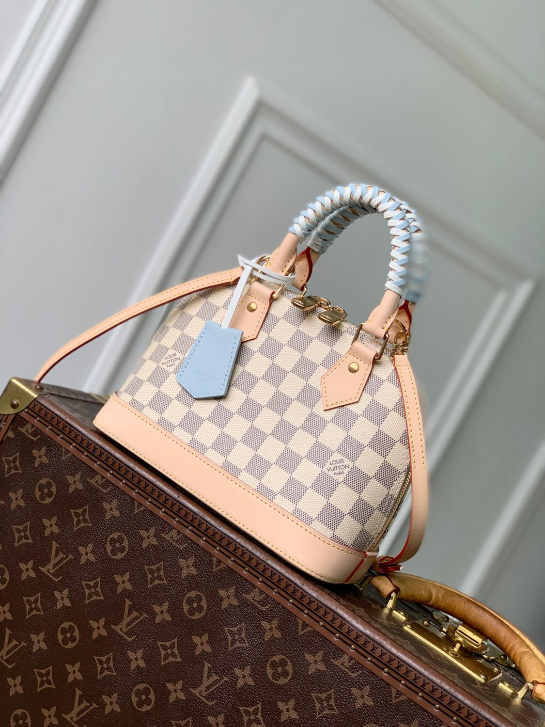 Louis Vuitton Women's Shell Bag Alma Bb White Damier Azur Checkered Pattern Stylish And Elegant Handbag And Crossbody Bag Spring/summer 2026 New Arrival N40902 Bags #196951