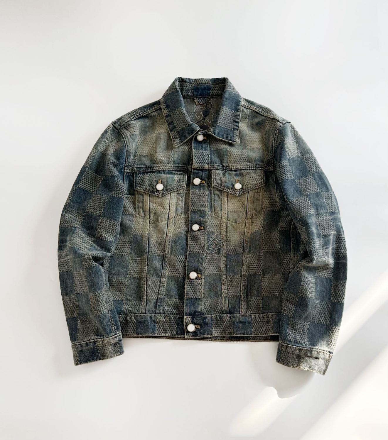 Louis Vuitton Men's Spring And Fall Logo Jacquard Checkerboard Pattern Pocket Single Breasted Denim Jacket Pants Suit Set #72956