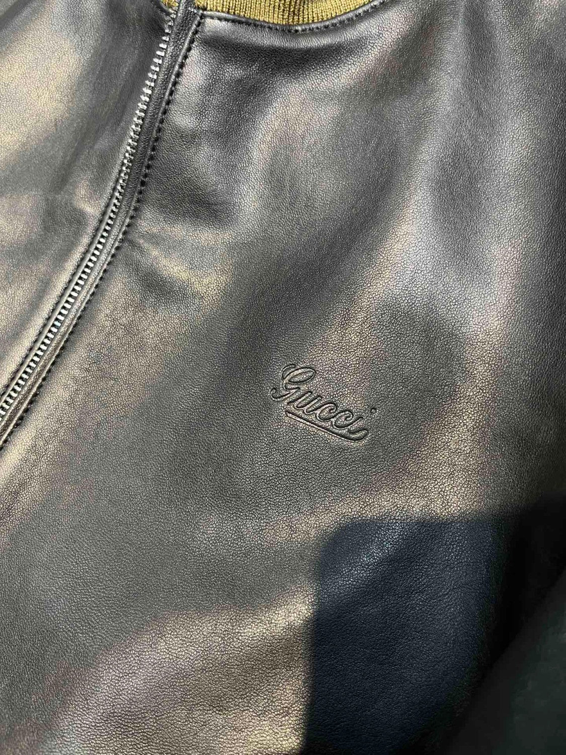 Gucci Men's Spring And Autumn Striped Standing Collar Solid Color Long Sleeve Leather Jacket Coat #99961