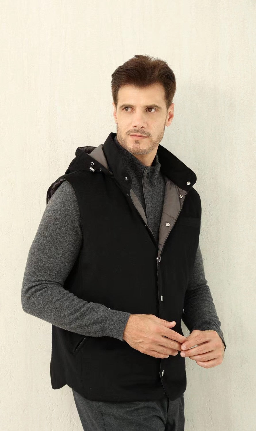 Brunello Cucinelli Men's Spring/Autumn Detachable Hooded Solid Color Single-Breasted Bonded Wool Flannel Down Vest Ngvp #2293
