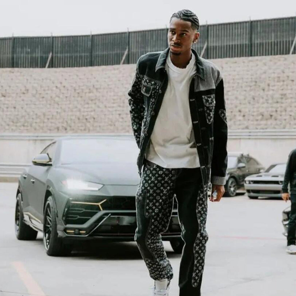 Louis Vuitton X 2 Collaboration Men's Spring And Summer Structural Splicing Monogram Flower Denim Pants Fashionable Casual Wide Leg Pants #71849