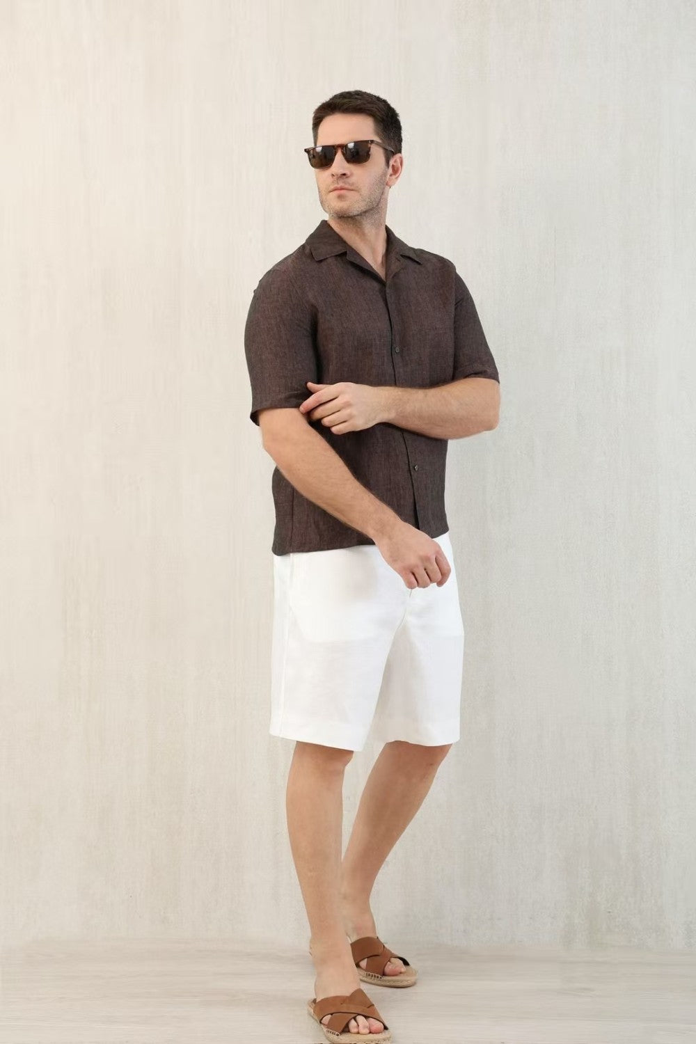 Brunello Cucinelli Men's Linen Loose Summer Single-Breasted Solid Color Lapel Short Sleeve Shirt Ngvp #1454