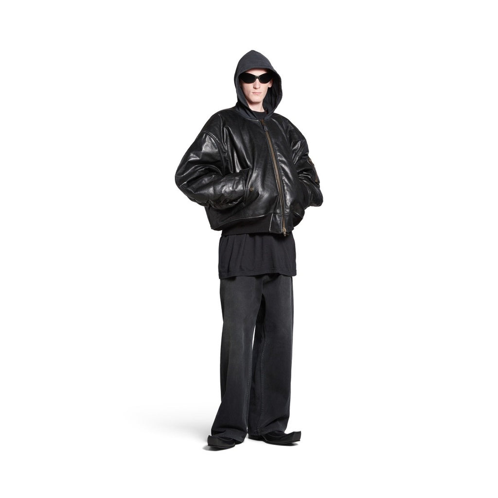 Balenciaga Men's Fall/Winter Black Letter Print Hooded Drop Shoulder Long Sleeve Zipper Leather Jacket #72777