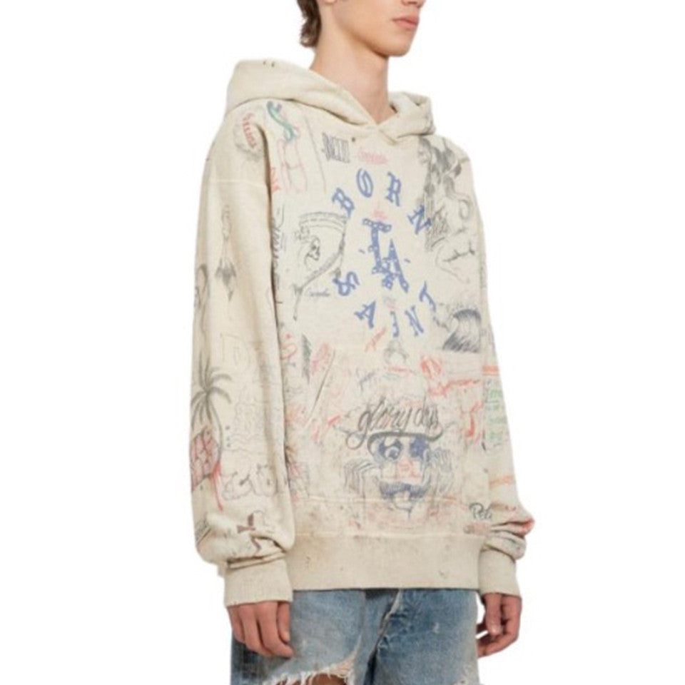 Saint Michael x Born x Raised Men's Spring And Autumn Graffiti Cotton Hooded Pullover Fitted Solid Color Long Sleeve Sweatshirt Ngvp #9284