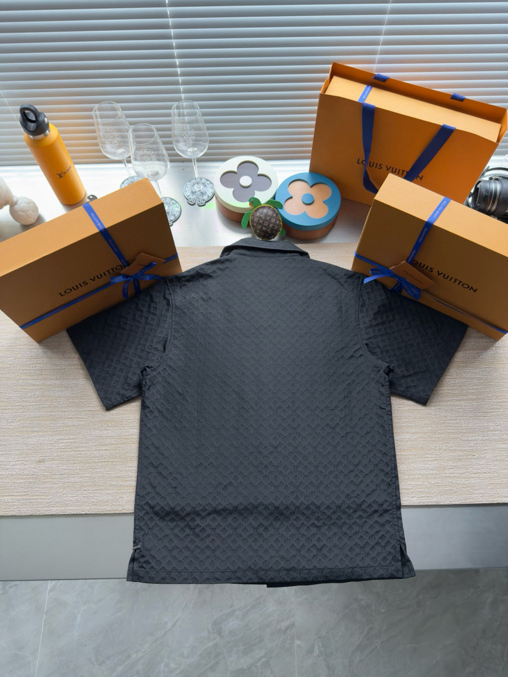 Louis Vuitton Men's Summer Solid Color Embroidered Full Print Silk Blend Single Breasted V-neck Short Sleeved Shirt And Casual Shorts Set Suit #77153