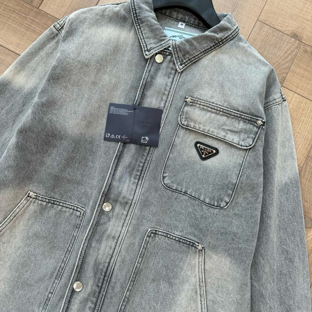Prada Men's Spring/Autumn Solid Color Triangle Logo Single-Breasted Casual Denim Jacket #77989