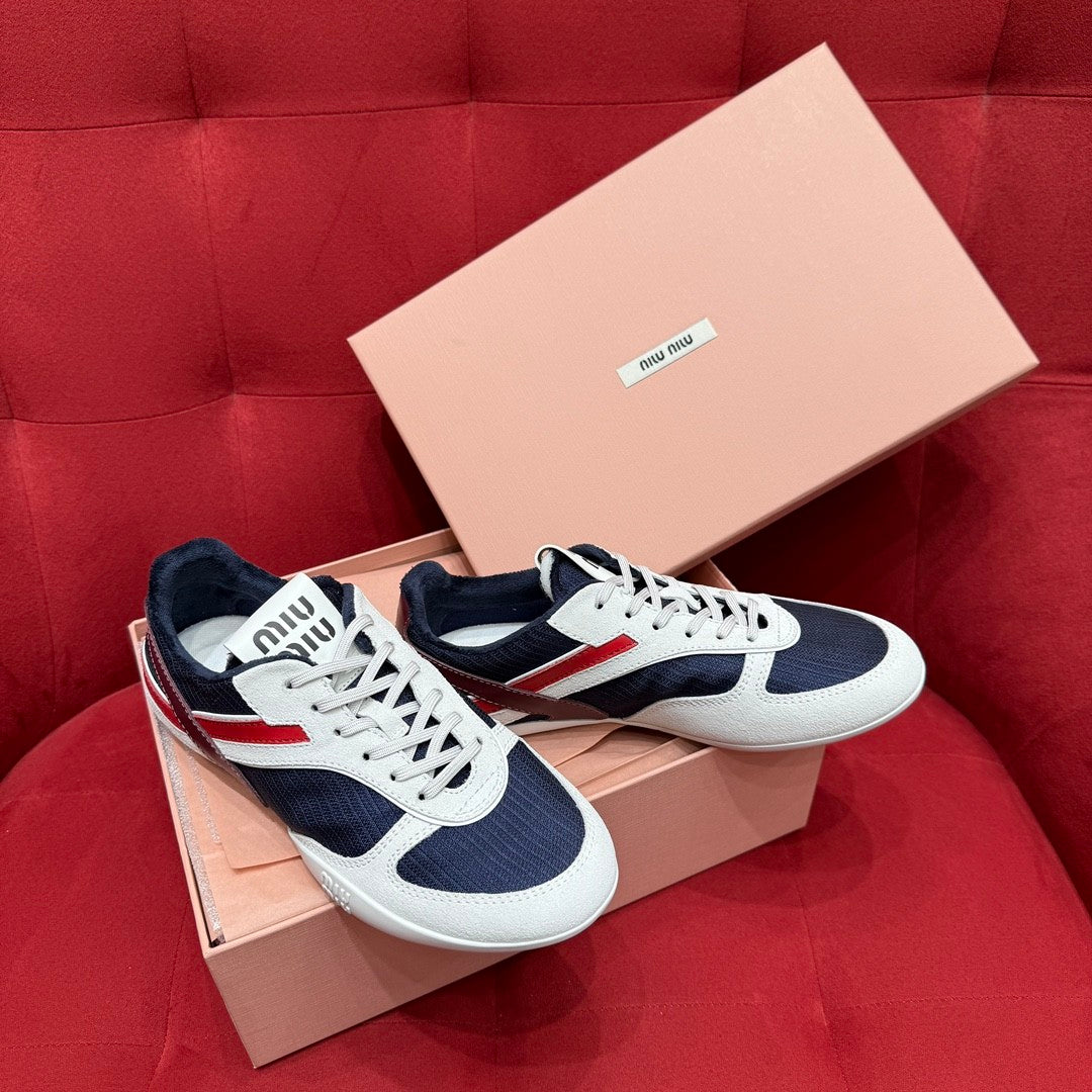 MiuMiu Women's Four Seasons Colorblock Gymnasium Tech Fabric Fabric and Suede Leather Low Top Lace-Up Sneakers Shoes #76373
