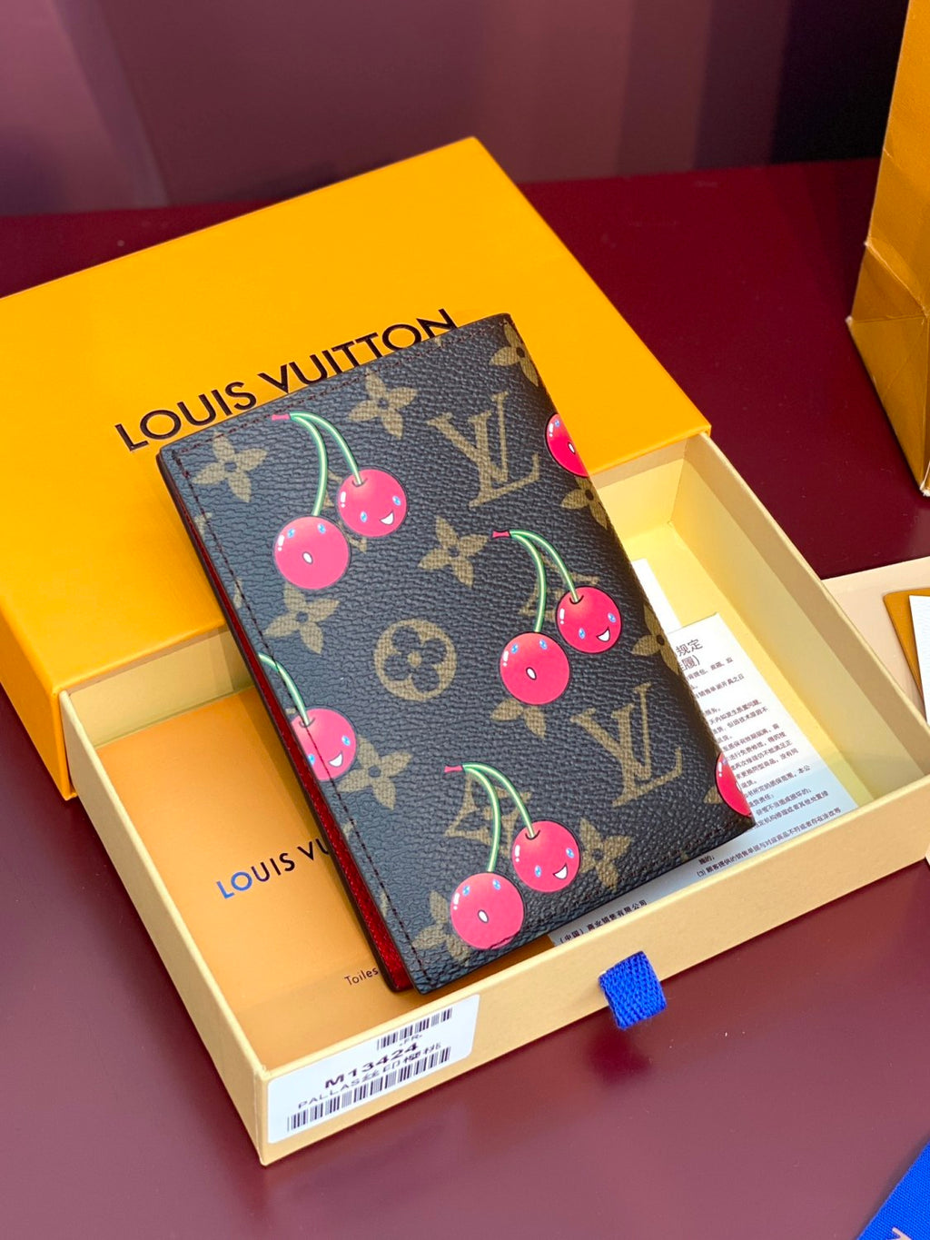 Louis Vuitton LV x TM Women's Brown Leather Passport Wallet with Cherry Pattern Print Bag Bags #77594
