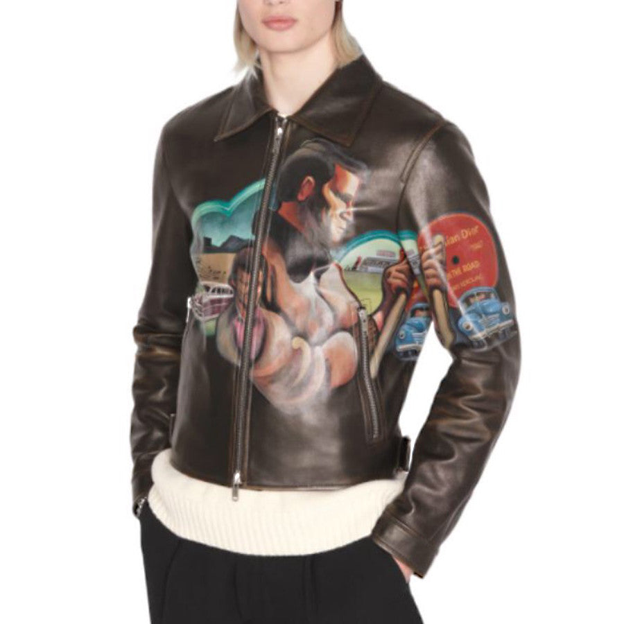 Dior Men's Fall/Winter Character Print Brown Zipper Lapel Leather Jacket #72144