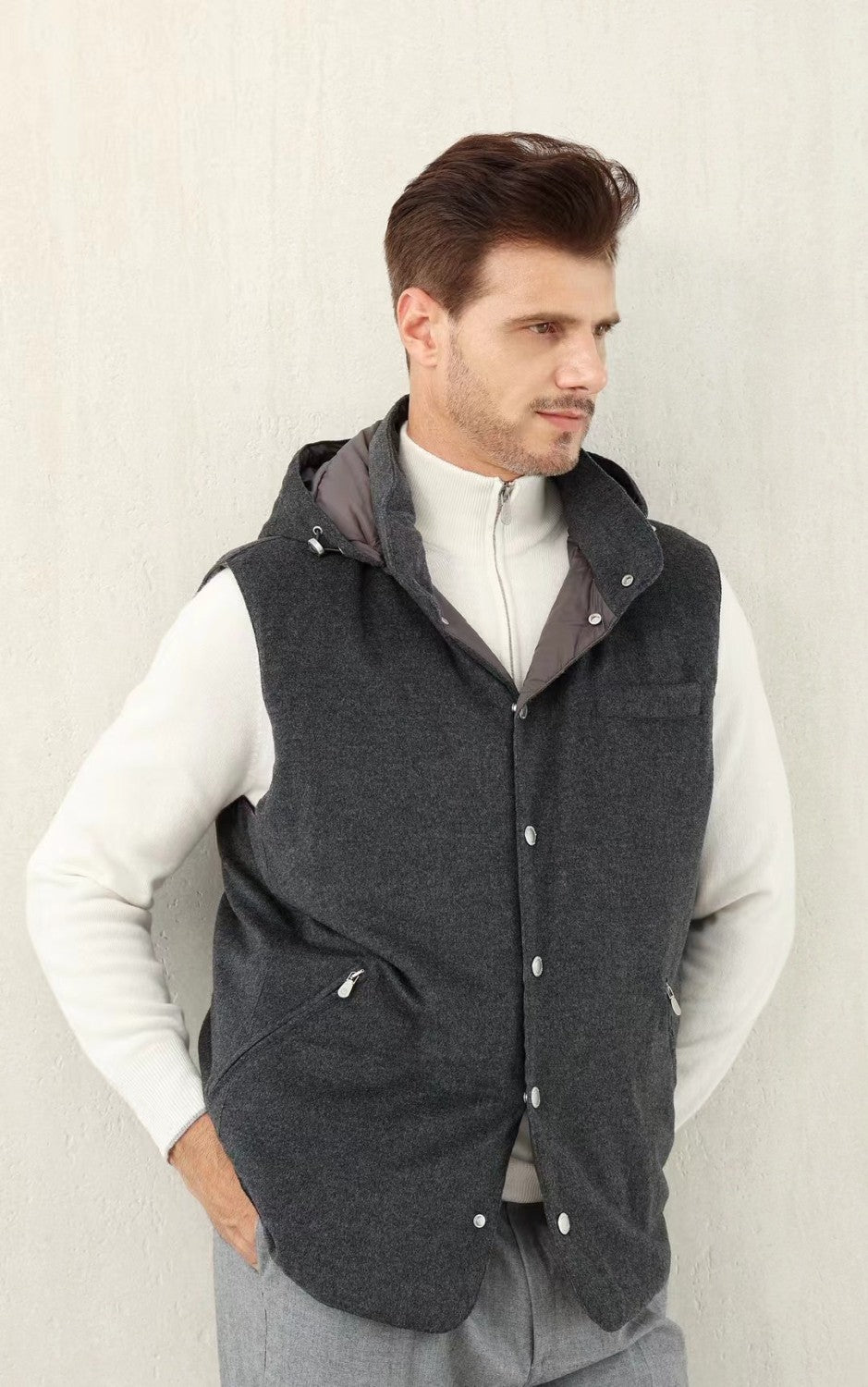 Brunello Cucinelli Men's Spring/Autumn Detachable Hooded Solid Color Single-Breasted Bonded Wool Flannel Down Vest Ngvp #2293