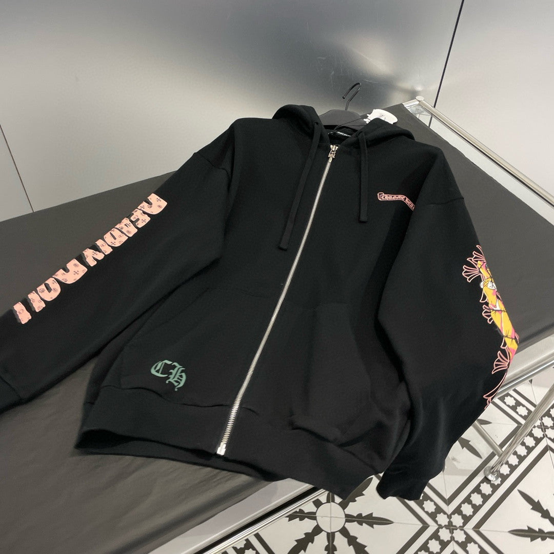Chrome Hearts Men's And Women's Fall/Winter Fan Cross Graffiti Print Black Hooded Zipper Jacket Knit Vest Stretch Sweatpants Pants Set Suit #98138