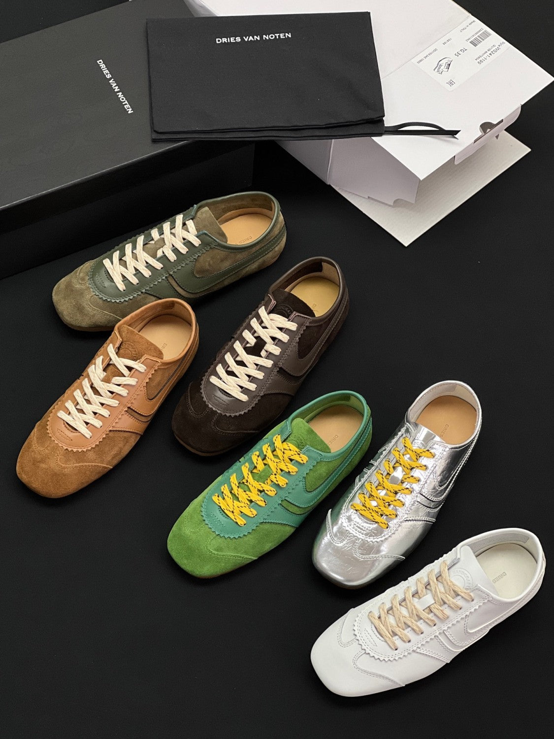 Dries Van Noten Women's Marathon Retro Training Shoes Four Seasons Solid Color Round Toe Lace-up Low-top Leather Casual Shoes #81462