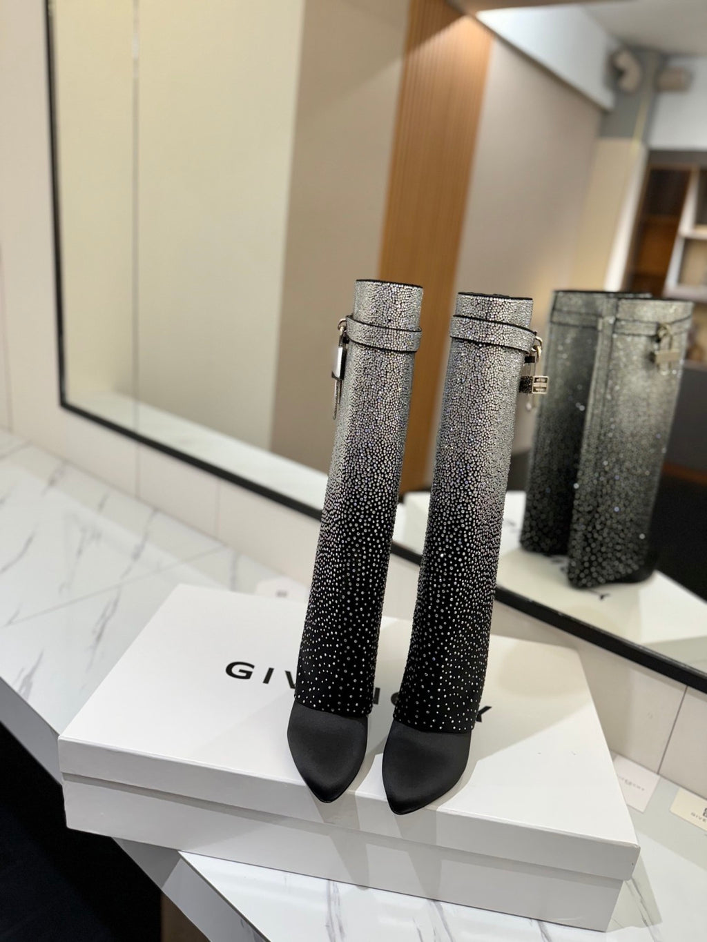 Givenchy Women's Fall/winter Fashion Classic Pointed Toe Cuffed Ankle Boots With Small Diamonds High Heel Long Boots Shoes #79255