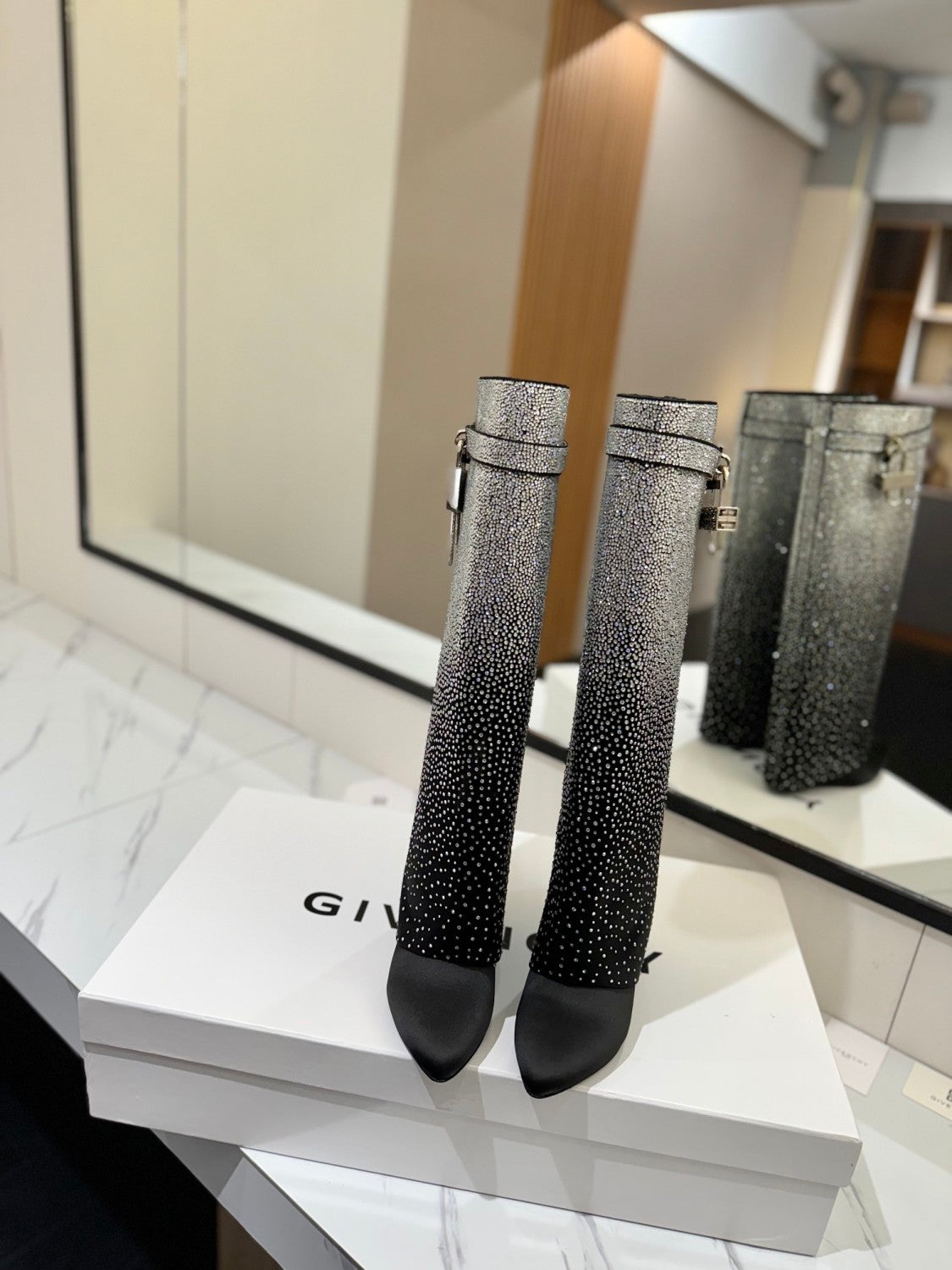 Givenchy Women's Fall/winter Fashion Classic Pointed Toe Cuffed Ankle Boots With Small Diamonds High Heel Long Boots Shoes #79255