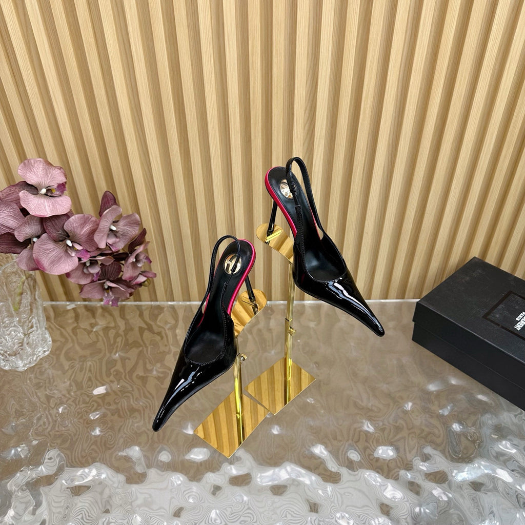 Saint Laurent AMALIA Women's Fashion Classic Pointed Toe Leather Patent Leather Open Toe Stiletto Heels Heel Height Approximately 10.5cm High Heels Shoes #78994