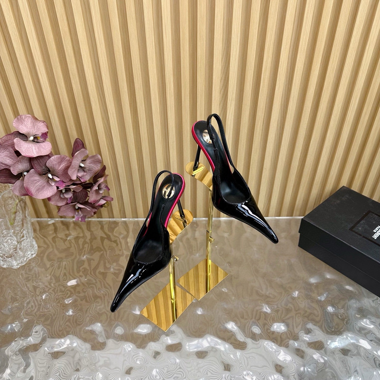 Saint Laurent AMALIA Women's Fashion Classic Pointed Toe Leather Patent Leather Open Toe Stiletto Heels Heel Height Approximately 10.5cm High Heels Shoes #78994