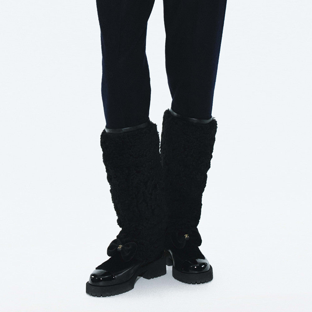 Chanel High Boots Shearling Lambskin Calfskin Lambskin Patent Calfskin Beige Black #334245