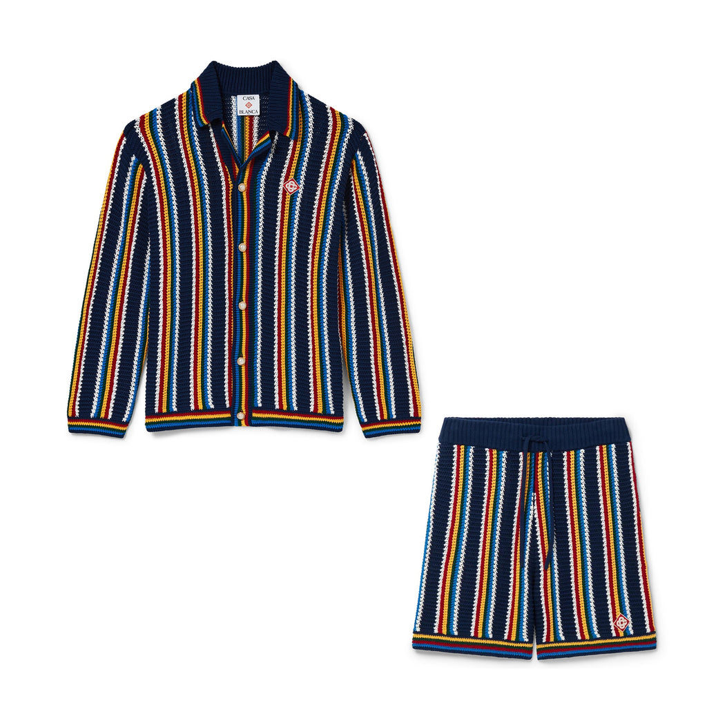 Casablanca Men's Spring And Summer Vertical Stripes Printed Single Breasted Long Sleeved Knitted Shirt Drawstring Tie Casual Knitted Shorts Suit Set #76349
