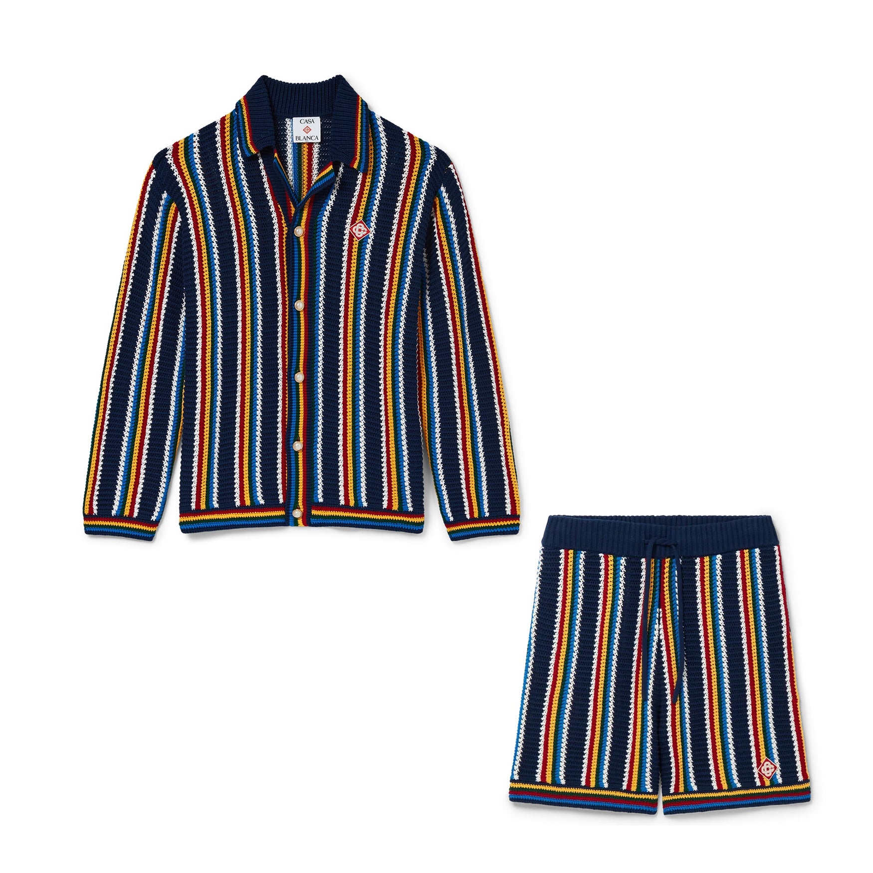 Casablanca Men's Spring And Summer Vertical Stripes Printed Single Breasted Long Sleeved Knitted Shirt Drawstring Tie Casual Knitted Shorts Suit Set #76349