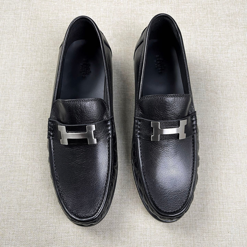Hermes Men's Fall/Winter Fashion Classic Solid Color Leather Round Toe Slip On Logo Low Top Flat Leather Shoes #78922