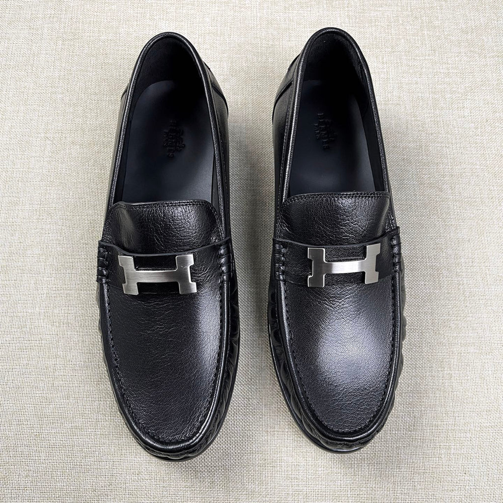 Hermes Men's Fall/Winter Fashion Classic Solid Color Leather Round Toe Slip On Logo Low Top Flat Leather Shoes #78922