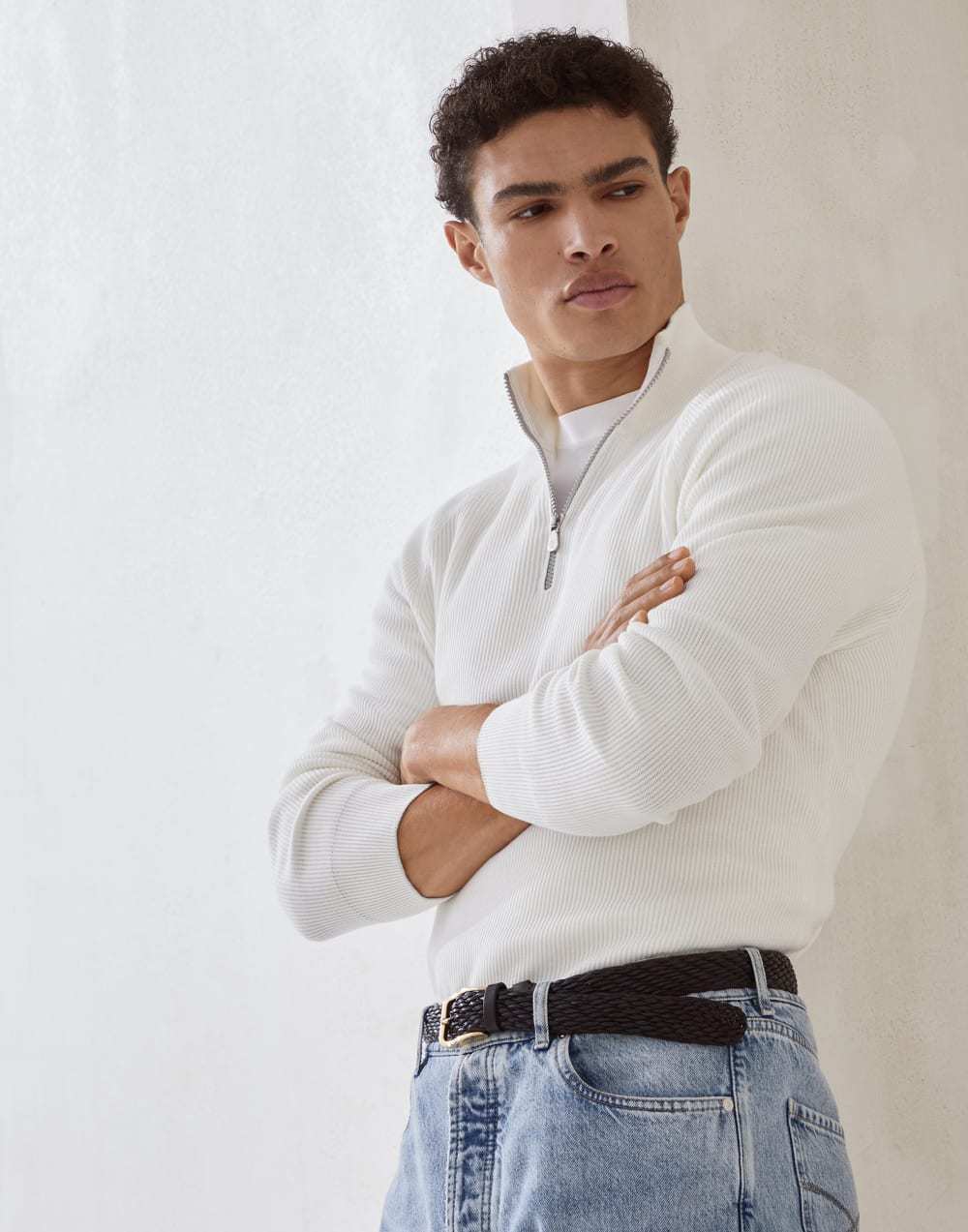 Brunello Cucinelli Men's British-Style Ribbed Cotton Knit Sweater Spring/Fall/Winter Half-Zip High-Neck Solid-Color Long-Sleeve Sweater Ngvp #2525