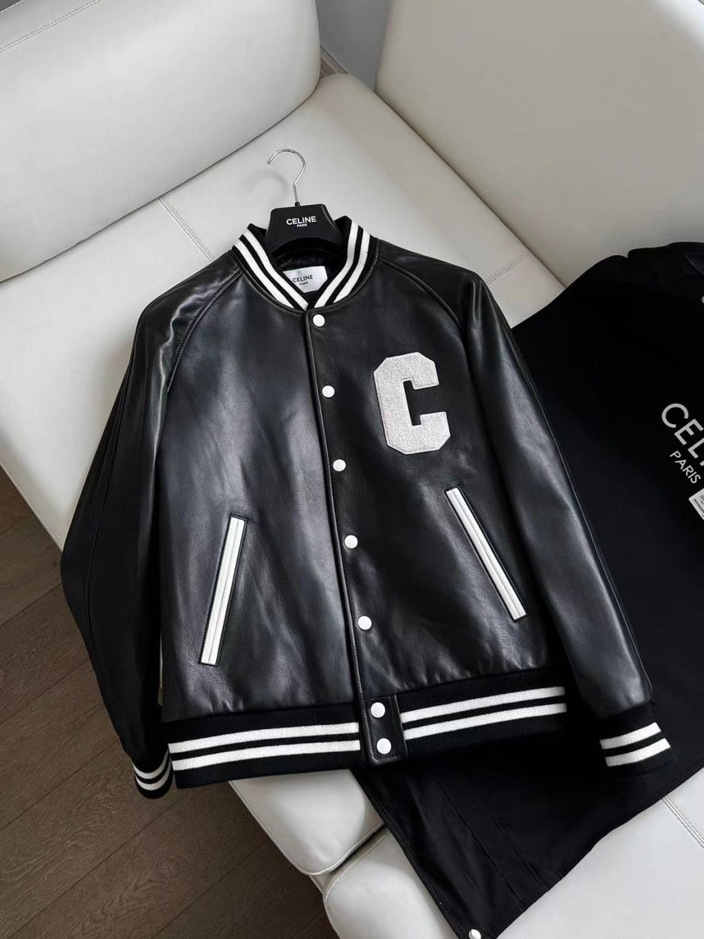Celine Men's Fall And Winter Black And White Striped Monogrammed Labeled Single Breasted Leather Jacket #98457