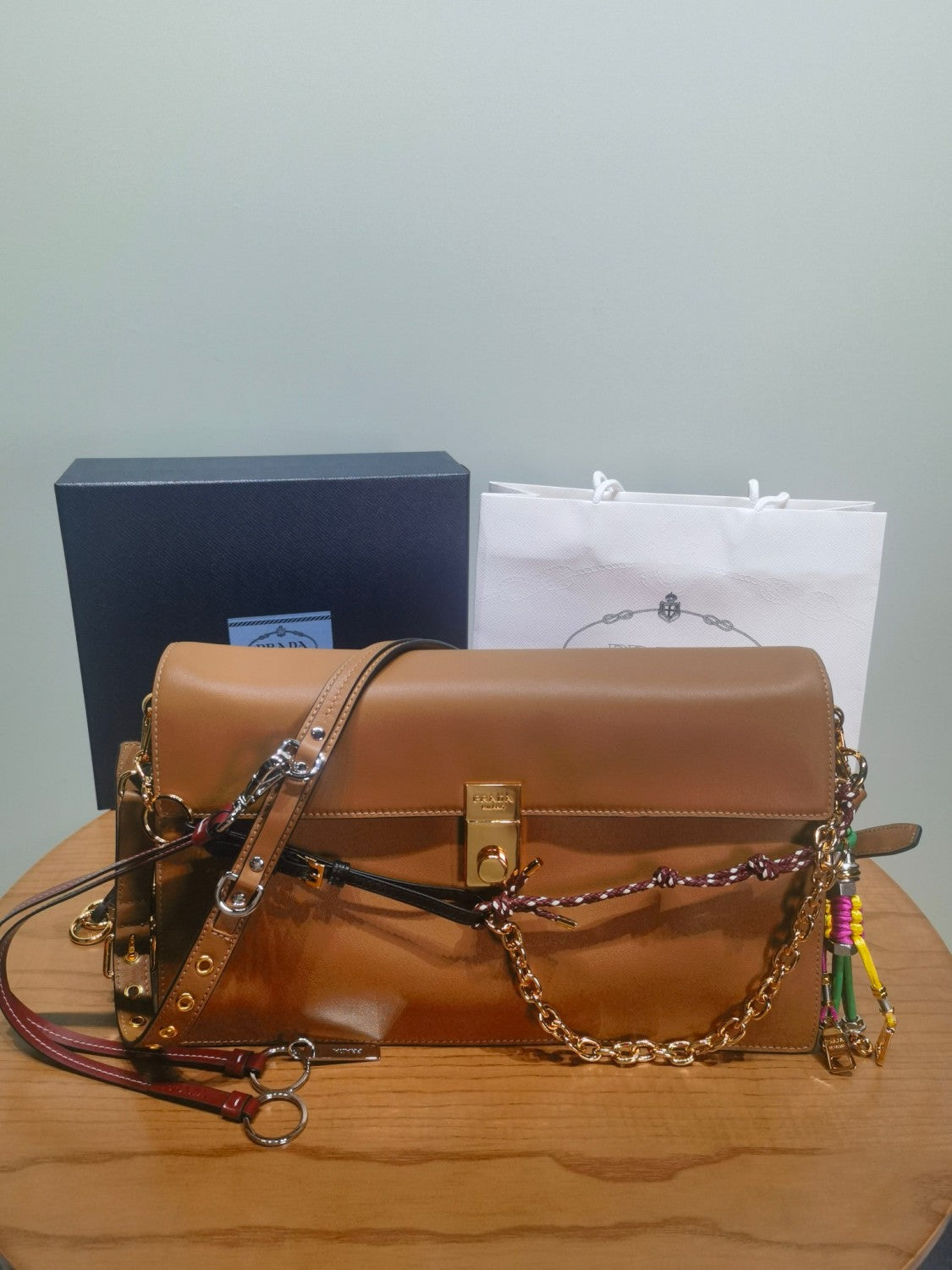 Prada Soft Sound Women's Metal Parts Snap Button Flap Closure Solid Color Leather Crossbody Shoulder Bag Bags #76359