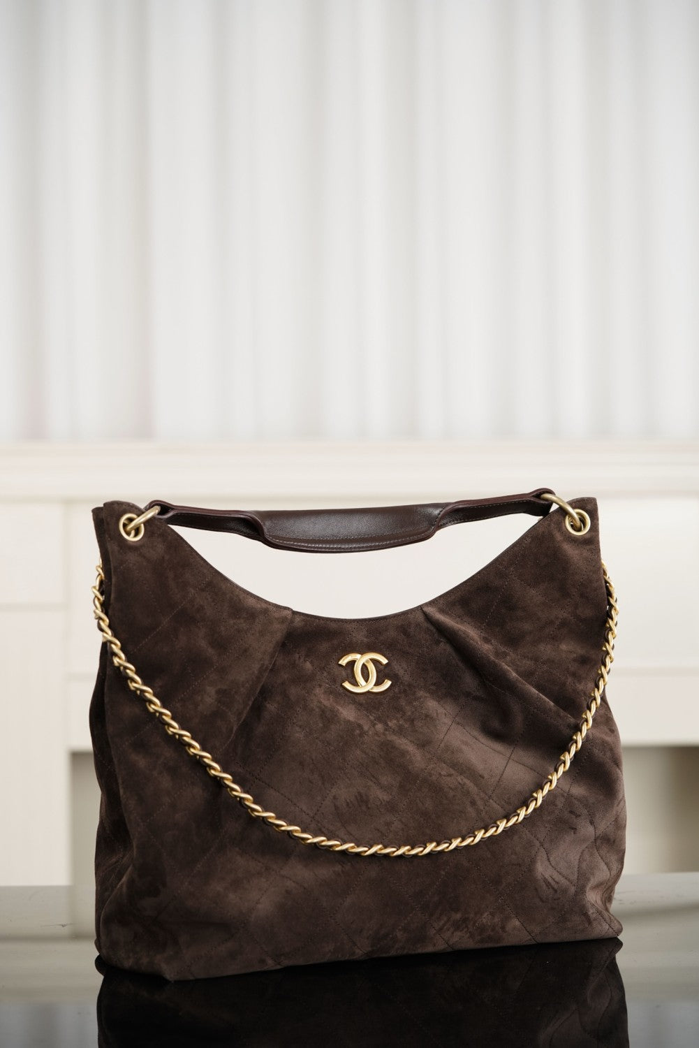 Chanel Maxi Hobo Bag Suede Calfskin Lambskin Gold-tone Metal Dark Brown #336664