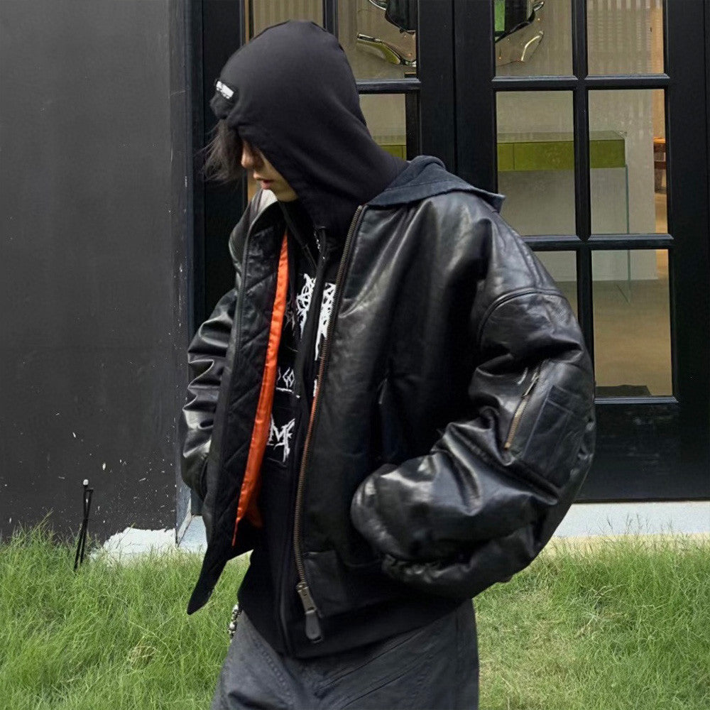 Balenciaga Men's Winter Black Zipper Long Sleeve Hooded Pilot Loose Leather Jacket Ngvp #6986