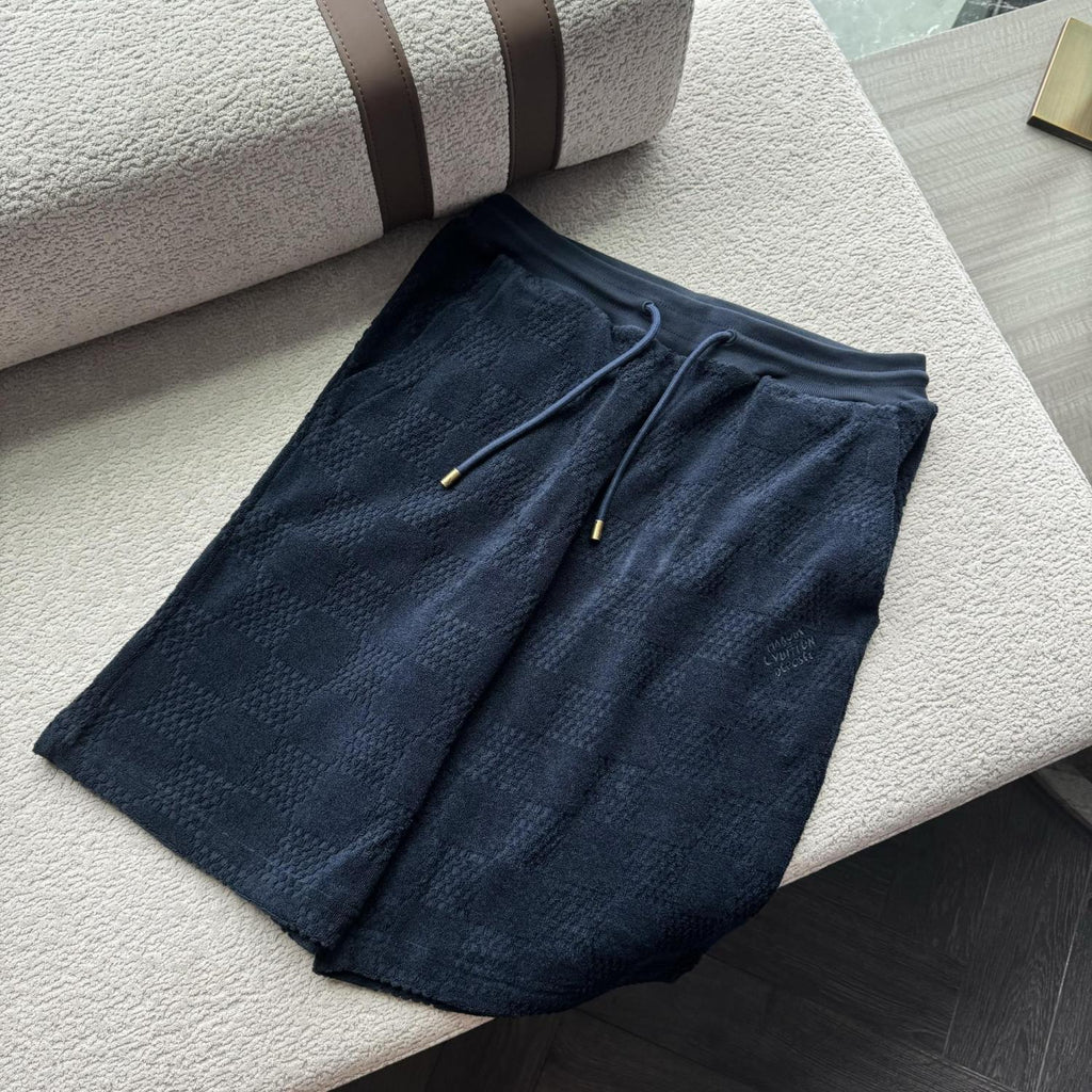 Louis Vuitton Men's Summer Solid Color Checkered Print Cotton Terry Cloth Drawstring Shorts #77876