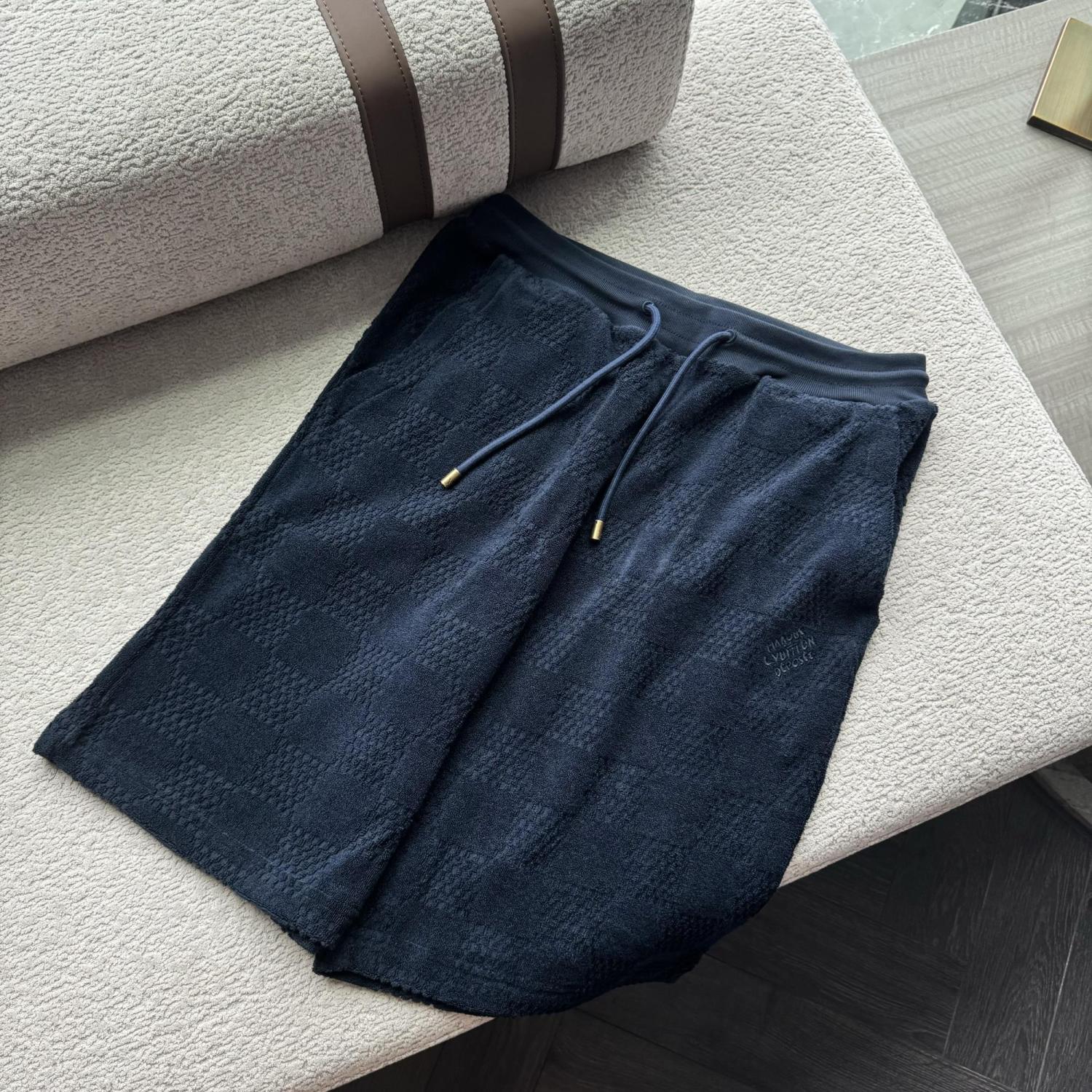 Louis Vuitton Men's Summer Solid Color Checkered Print Cotton Terry Cloth Drawstring Shorts #77876