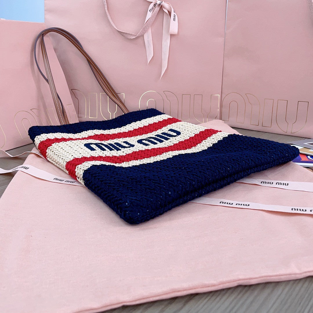 MiuMiu Women's Logo Embroidery Raffia Patchwork Cotton Thread Woven Shopping Bag Shoulder Tote Bags #76743