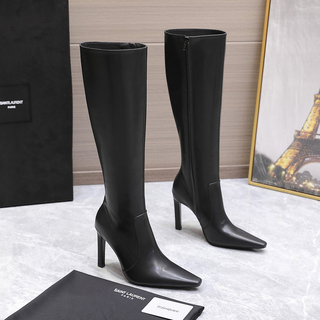 Saint Laurent FRANCOISE Women's Classic Pointed Toe Side Zip Leather High Heel Boots 10cm Heel High Heel Shoes #79181