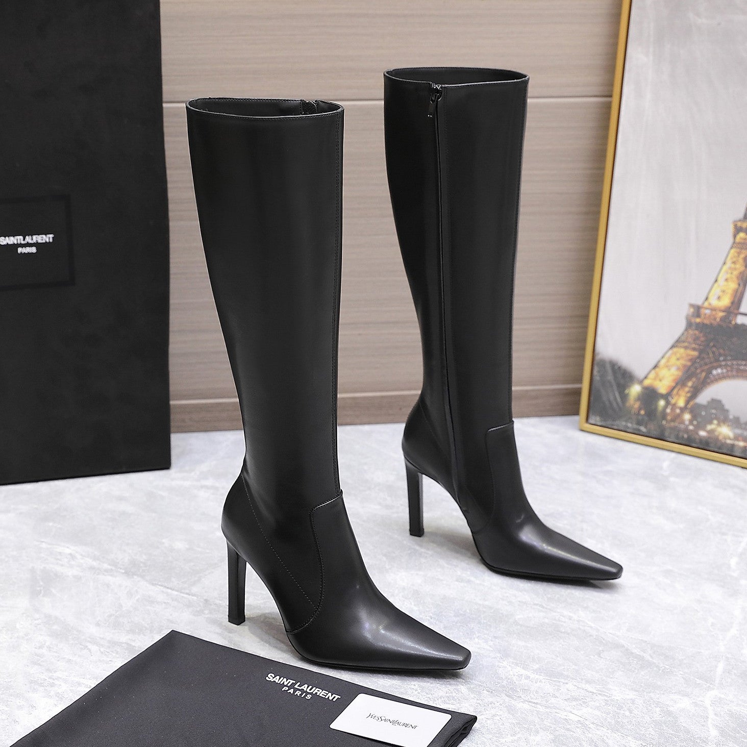 Saint Laurent FRANCOISE Women's Classic Pointed Toe Side Zip Leather High Heel Boots 10cm Heel High Heel Shoes #79181