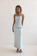 Away With You Satin Lace Strapless Maxi Dress Blue