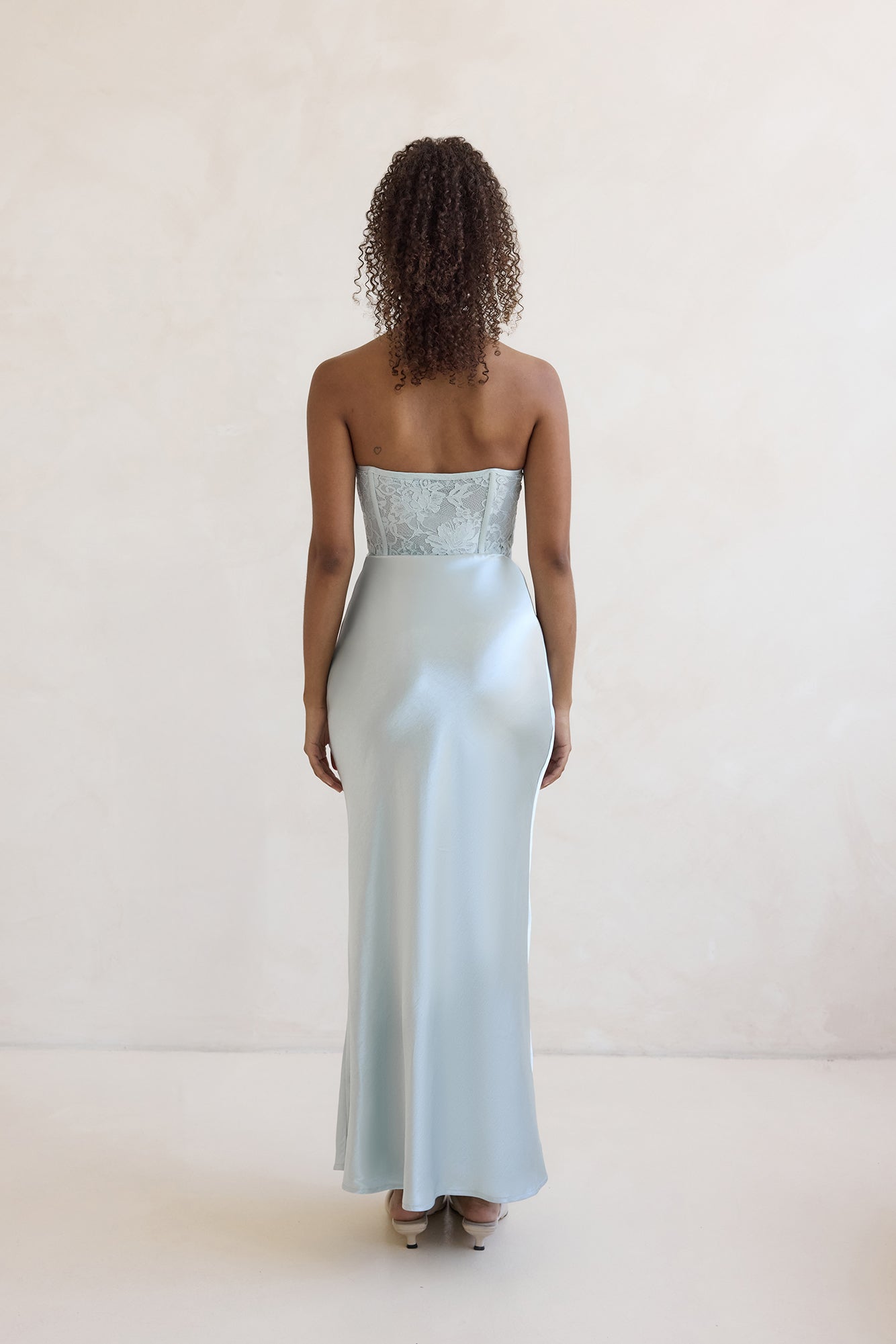 Away With You Satin Lace Strapless Maxi Dress Blue