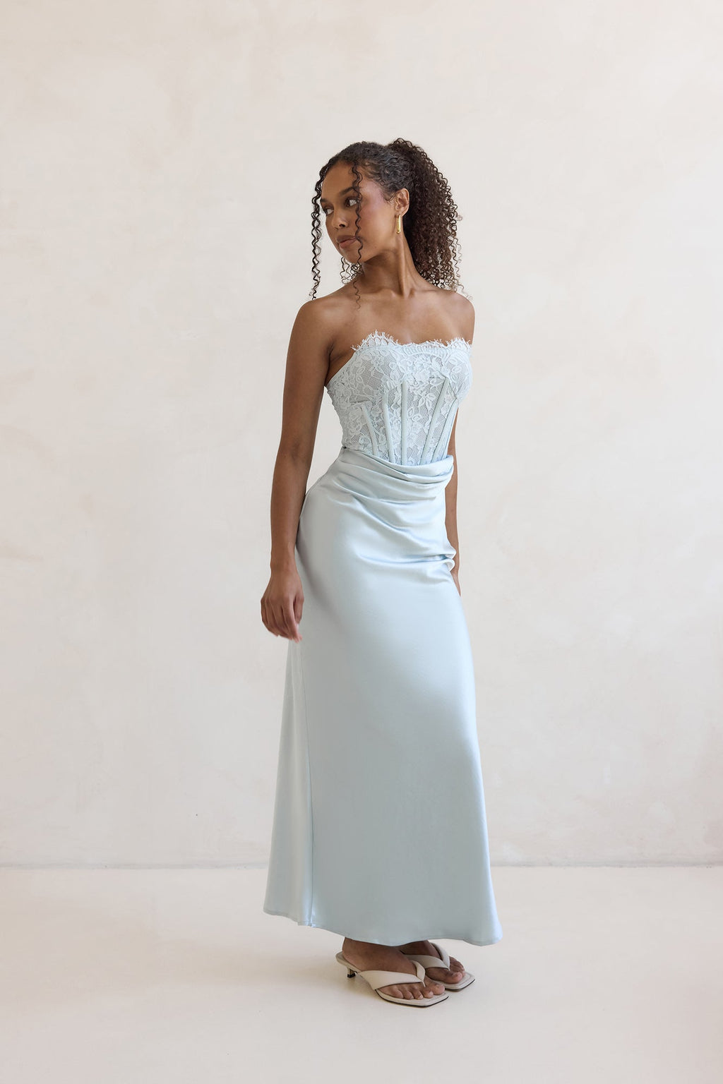 Away With You Satin Lace Strapless Maxi Dress Blue